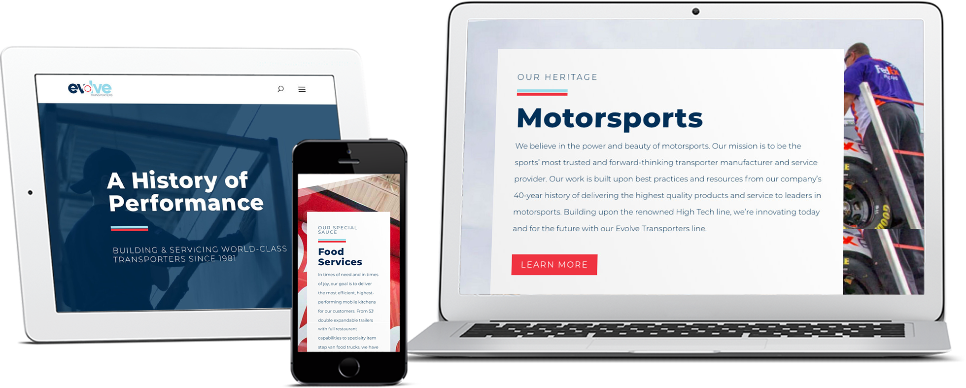 Evolve Transporters site on tablet, smartphone, and laptop screen