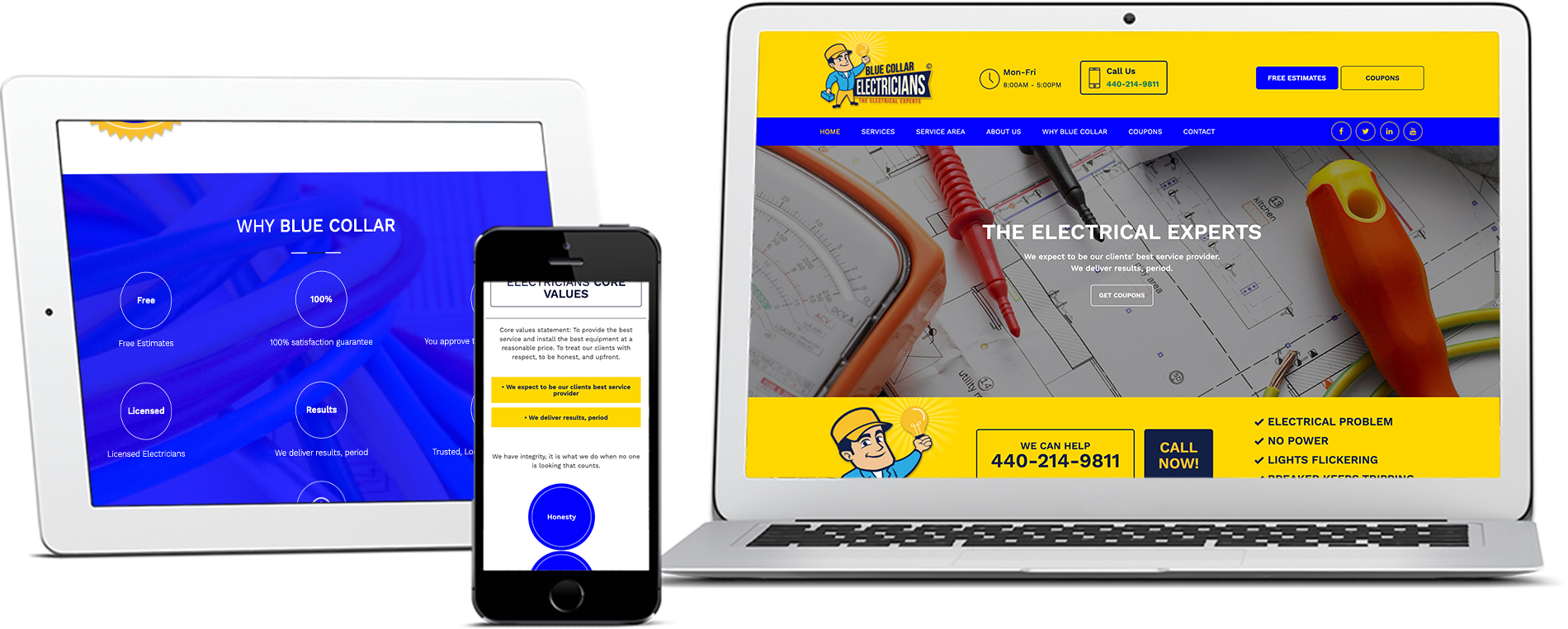 blue collar electricians' website on tablet, phone, and computer
