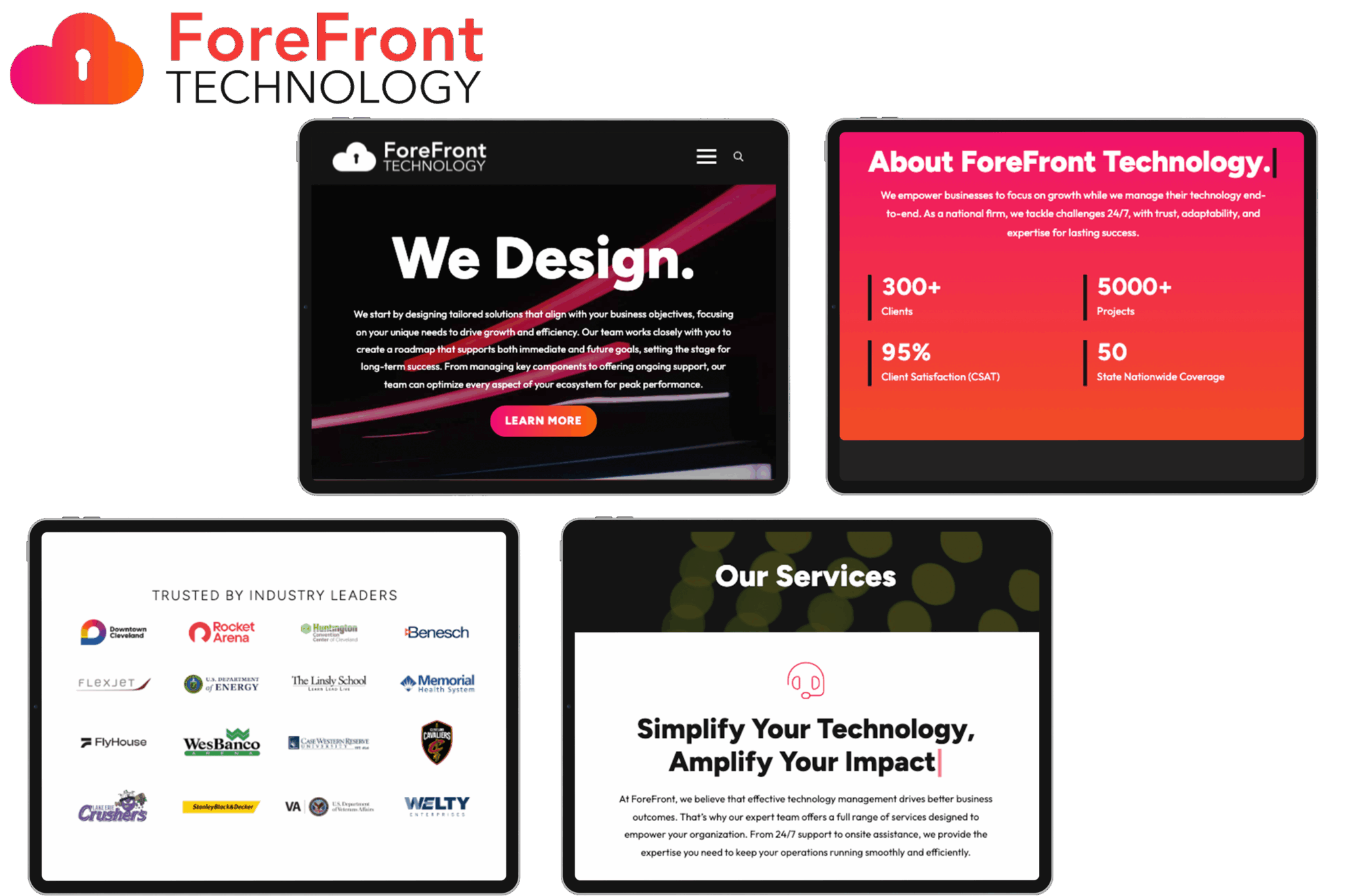Four tablets displaying ForeFront Technology's website